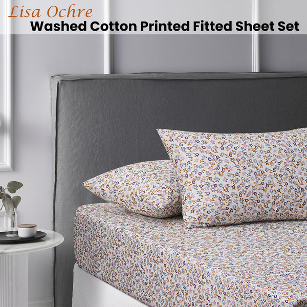 Accessorize Lisa Ochre Washed Cotton Printed Fitted Sheet Set Double Tristar Online