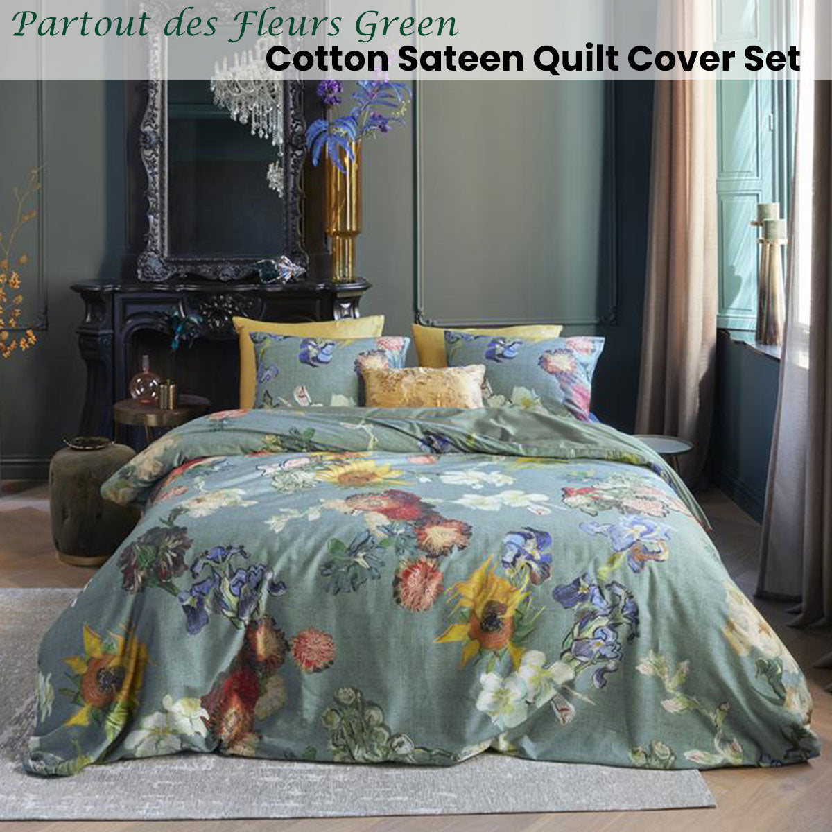 Bedding House Van Gogh Partout des Fleurs Green Cotton Sateen Quilt Cover Set King Tristar Online