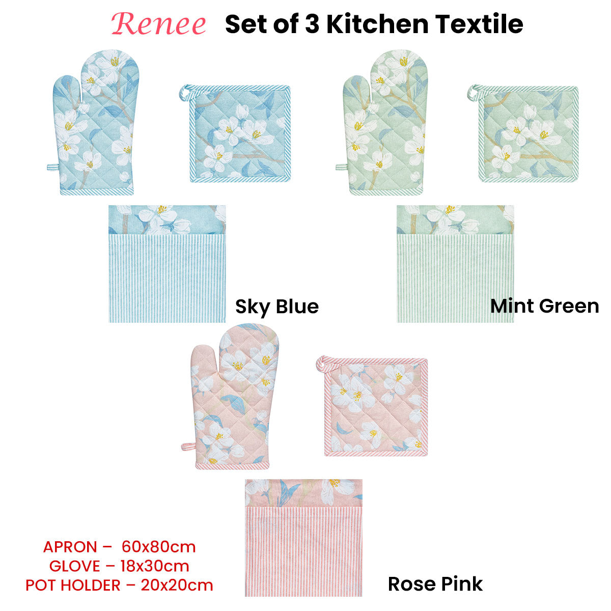 Set of 3 Renee Cotton Cover Kitchen Textile Sky Blue Tristar Online