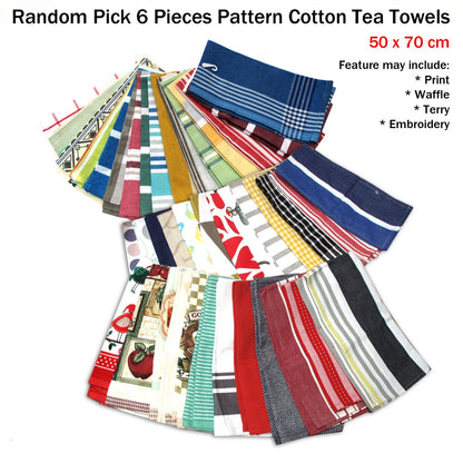 Random Pick Set of 6 100% Cotton Pattern Tea Towels - 50 x 70 cm Tristar Online
