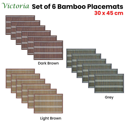Set of 6 Victoria Bamboo Table Placemats 30 x 45cm Grey/Silver Tristar Online