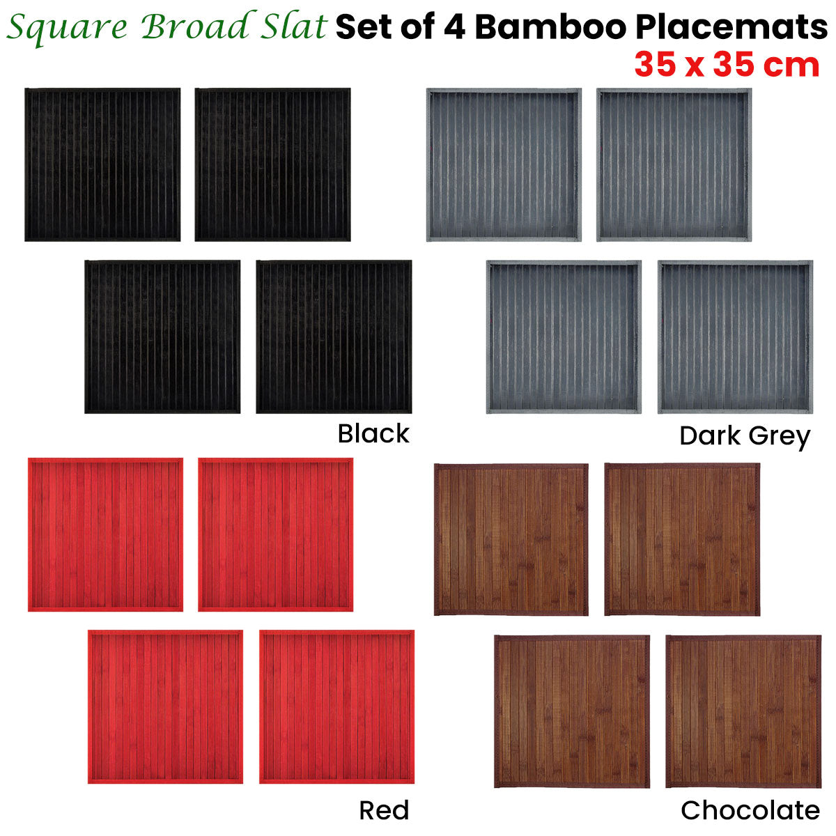 Set of 4 Square Broad Slat Bamboo Table Placemats 35 x 35cm Dark Grey Tristar Online