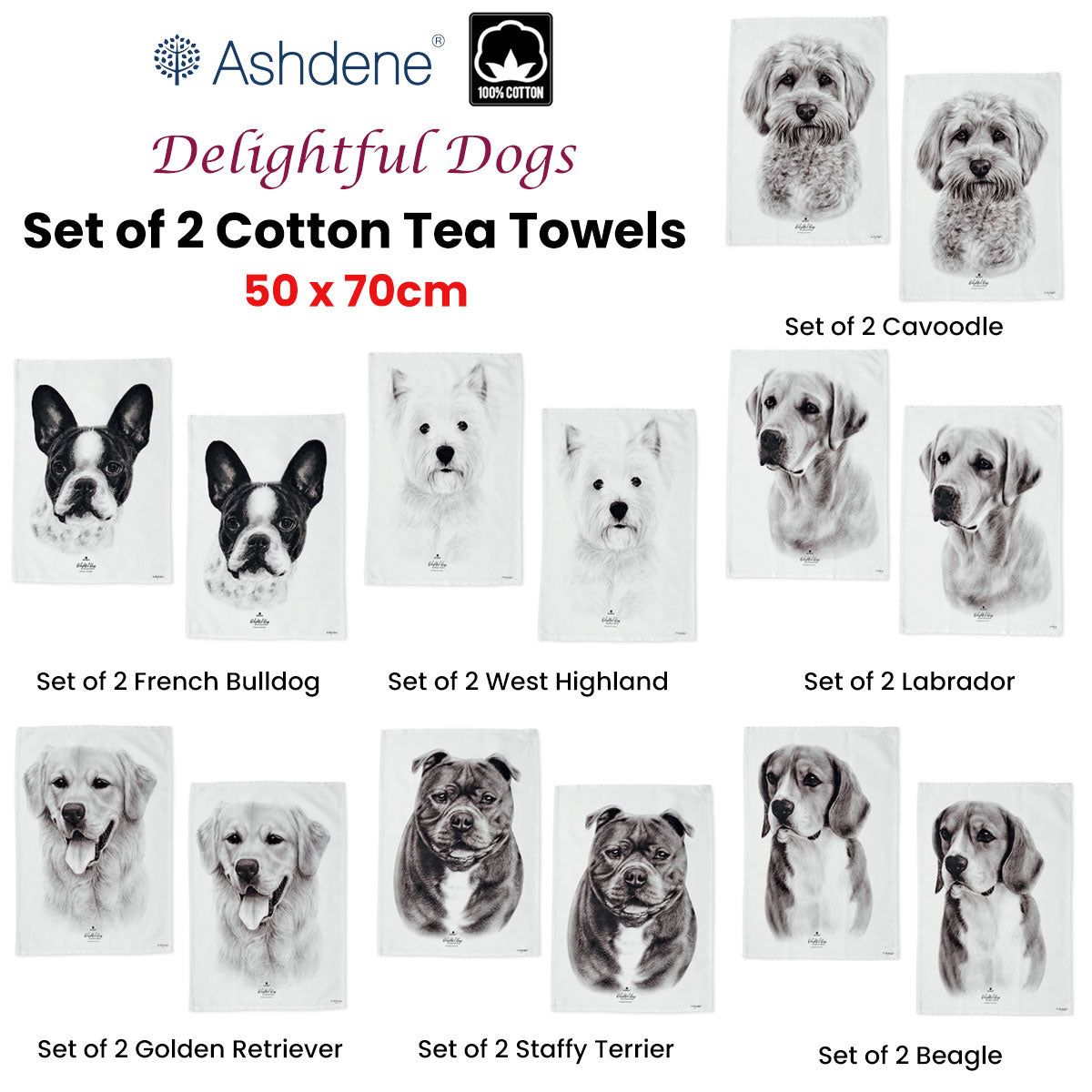 Set of 2 Delightful Dogs Cotton Kitchen Tea Towels 50 x 70 cm Golden Retriever Tristar Online
