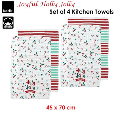 Ladelle Joyful Holly Jolly Christmas Set of 4 Cotton Kitchen Towels 45 x 70 cm Tristar Online