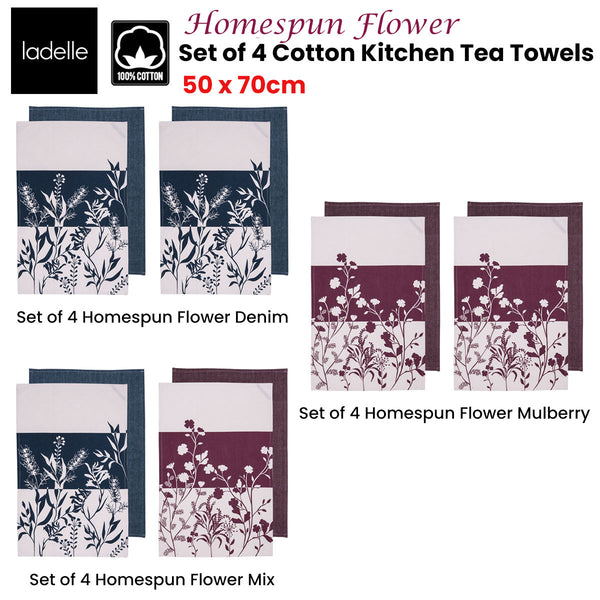 Ladelle Set of 4 Homespun Flower Cotton Kitchen Tea Towels 50 x 70 cm Mix Tristar Online