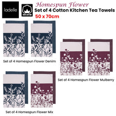 Ladelle Set of 4 Homespun Flower Cotton Kitchen Tea Towels 50 x 70 cm Mix Tristar Online