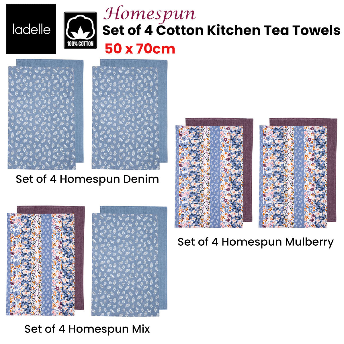 Ladelle Set of 4 Homespun Cotton Kitchen Tea Towels 50 x 70 cm Denim Tristar Online