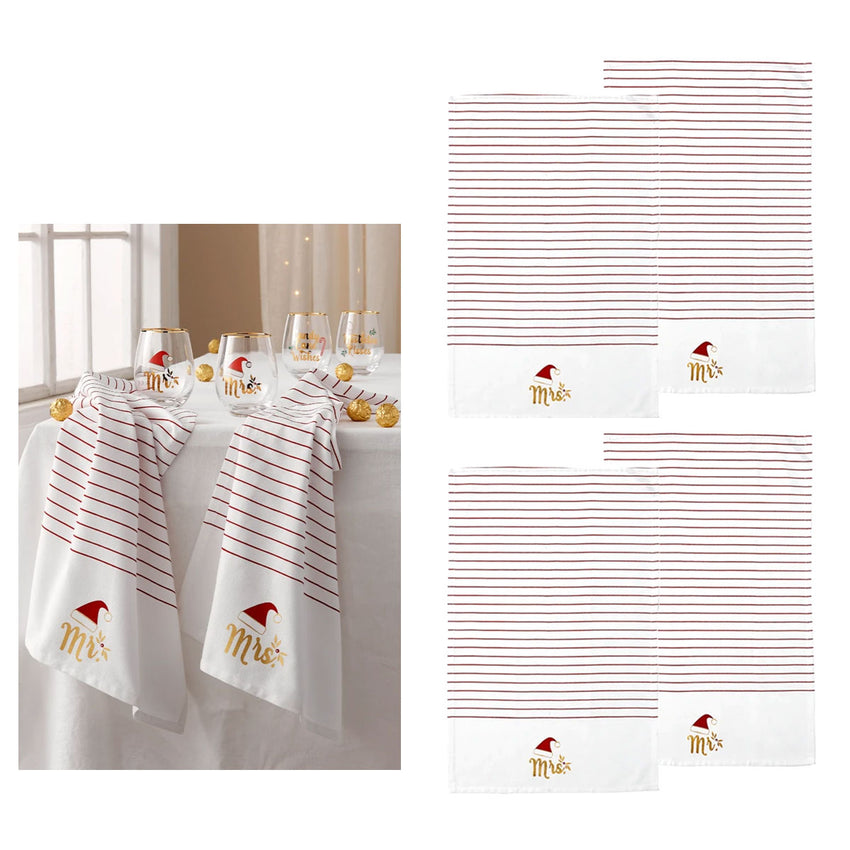 Ladelle Mr & Mrs Christmas Hat Set of 4 Cotton Kitchen Towels 45 x 70 cm Tristar Online