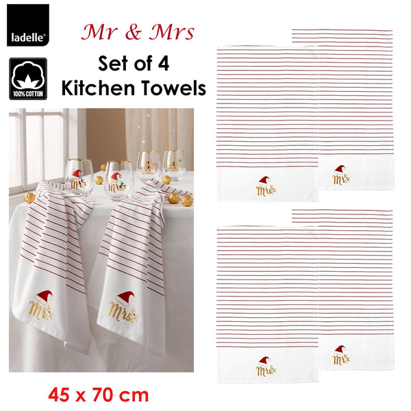 Ladelle Mr & Mrs Christmas Hat Set of 4 Cotton Kitchen Towels 45 x 70 cm Tristar Online