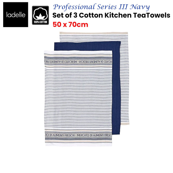 Ladelle Set of 3 Professional Series III Cotton Kitchen Tea Towels Navy 50 x 70 cm Tristar Online