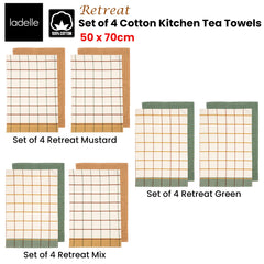 Ladelle Set of 4 Retreat Cotton Kitchen Tea Towels 50 x 70 cm Green Tristar Online