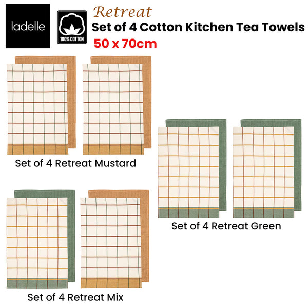 Ladelle Set of 4 Retreat Cotton Kitchen Tea Towels 50 x 70 cm Mustard Tristar Online