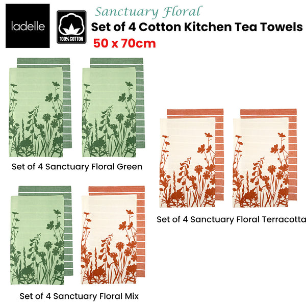 Ladelle Set of 4 Sanctuary Floral Cotton Kitchen Tea Towels 50 x 70 cm Mix Tristar Online