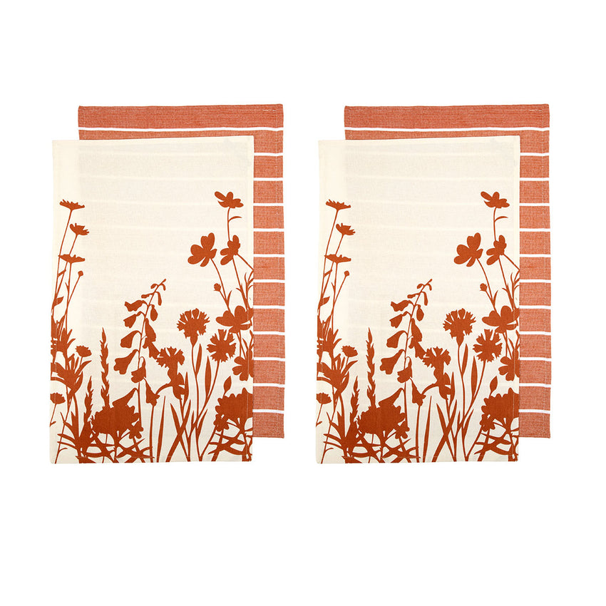 Ladelle Set of 4 Sanctuary Floral Cotton Kitchen Tea Towels 50 x 70 cm Terracotta Tristar Online