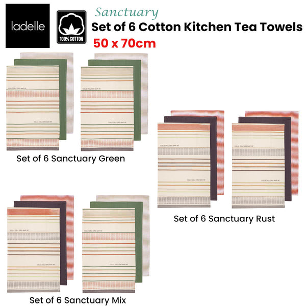 Ladelle Set of 6 Sanctuary Cotton Kitchen Tea Towels 50 x 70 cm Green Tristar Online