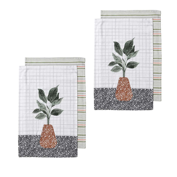 Ladelle Revive Plants Set of 4 Cotton Kitchen Towels Brown Pot Tristar Online