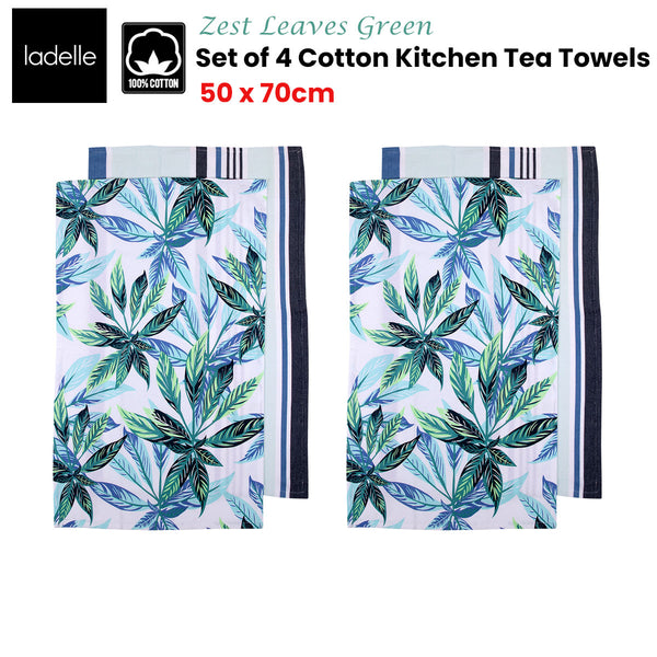 Ladelle Set of 4 Zest Leaves Green Cotton Kitchen Tea Towels 50 x 70 cm Tristar Online