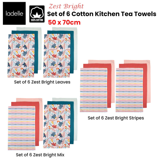 Ladelle Set of 6 Zest Bright Cotton Kitchen Tea Towels 50 x 70 cm Mix Tristar Online