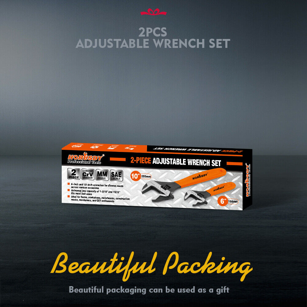 2x Adjustable Wrench Set 6" 10" Wide Jaw Spanner Cr-V Steel Workshop Metric SAE Tristar Online