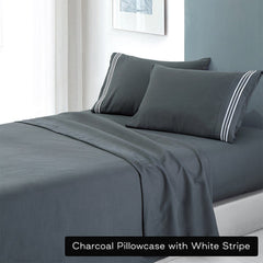 soft microfibre embroidered stripe sheet set king charcoal pillowcase white stripe Tristar Online