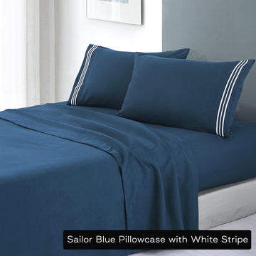 soft microfibre embroidered stripe sheet set king single sailor blue pillowcase white stripe Tristar Online
