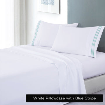 soft microfibre embroidered stripe sheet set kingle single white pillowcase blue stripe Tristar Online