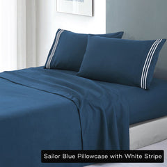 soft microfibre embroidered stripe sheet set queen sailor blue pillowcase white stripe Tristar Online