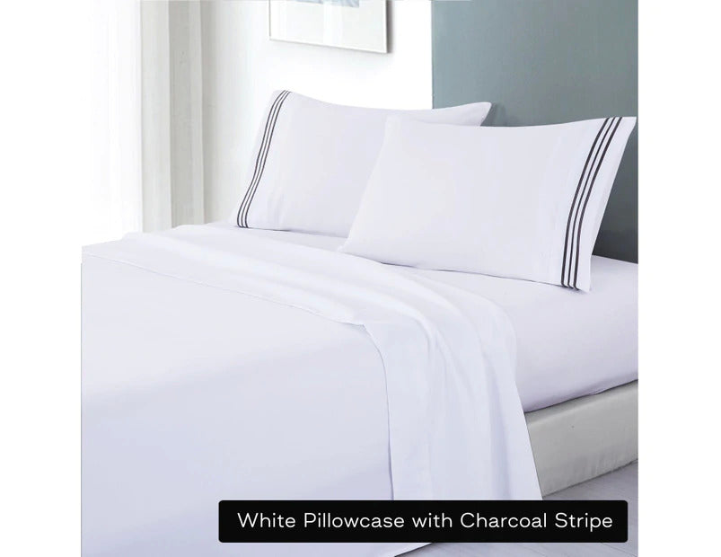 soft microfibre embroidered stripe sheet set queen white pillowcase charcoal stripe Tristar Online