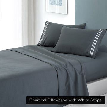 soft microfibre embroidered stripe sheet set single charcoal pillowcase white stripe Tristar Online