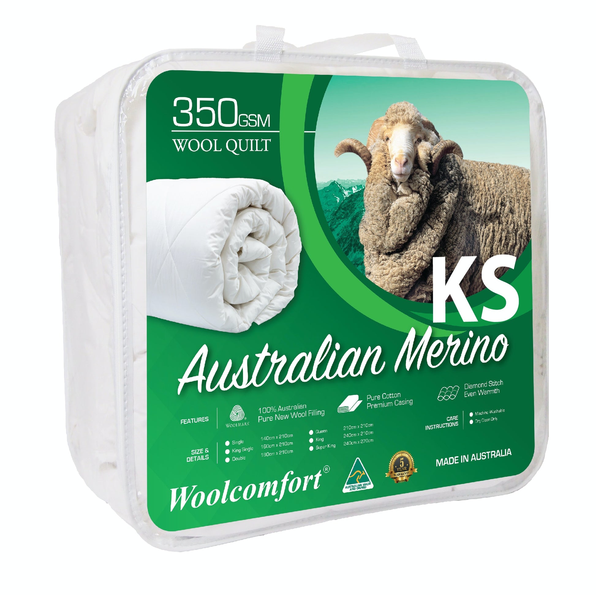 Woolcomfort Aus Made Merino Wool Quilt 350GSM 160x210cm King Single Size Tristar Online