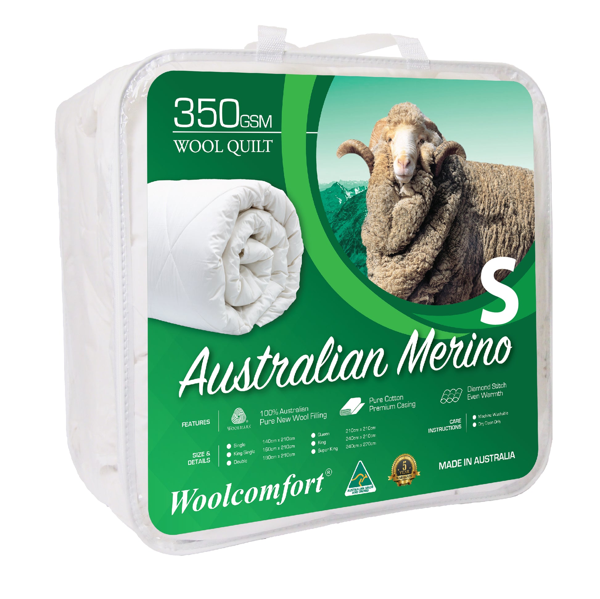 Woolcomfort Aus Made Merino Wool Quilt 350GSM 140x210cm Single Size Tristar Online