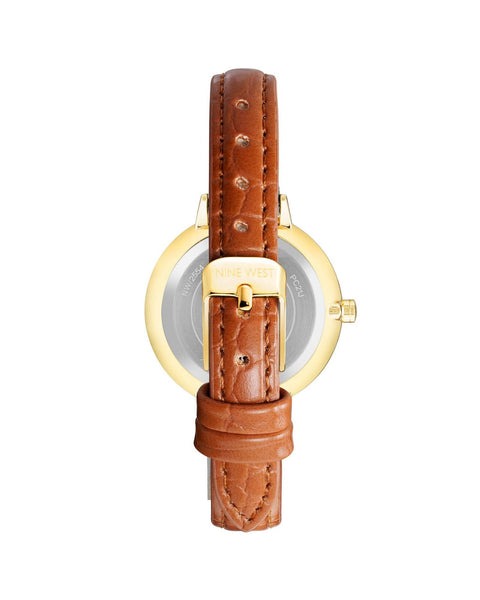 Gold Fashion Watch with Rhine Stone Facing and Brown Leatherette Wristband One Size Women Tristar Online