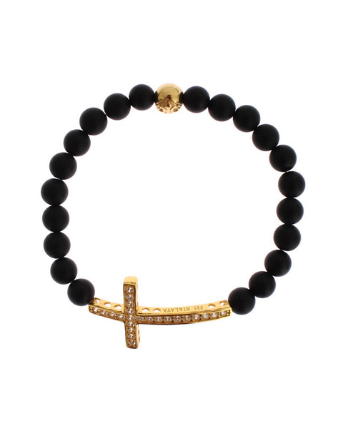 Authentic NIALAYA Bracelet with Matte Onyx Beads and CZ Diamond Cross XS Women Tristar Online
