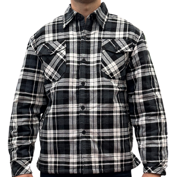 Mens QUILTED FLANNELETTE SHIRT 100% COTTON Flannel Jacket Padded Long Sleeve - Black/Charcoal/White (Quilted) - S Tristar Online