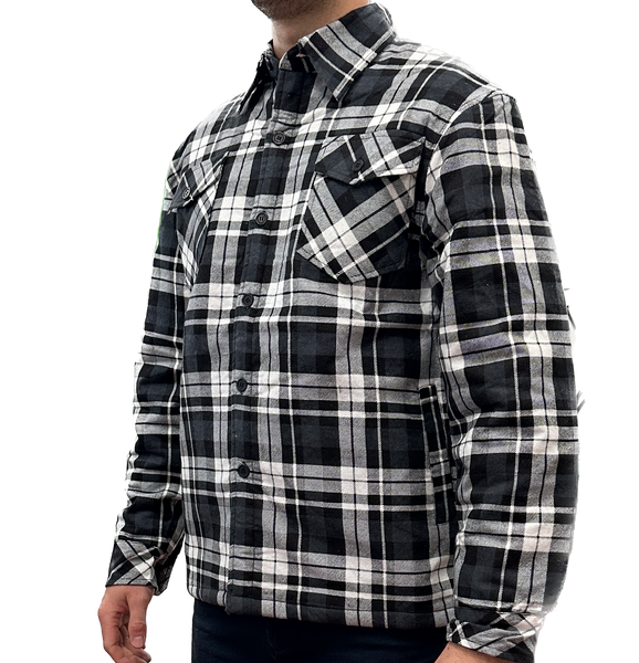 Mens QUILTED FLANNELETTE SHIRT 100% COTTON Flannel Jacket Padded Long Sleeve - Black/Charcoal/White (Quilted) - S Tristar Online