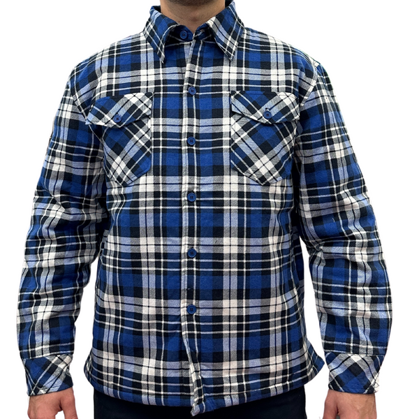 Mens QUILTED FLANNELETTE SHIRT 100% COTTON Flannel Jacket Padded Long Sleeve - Black/Navy/White (Quilted) - S Tristar Online
