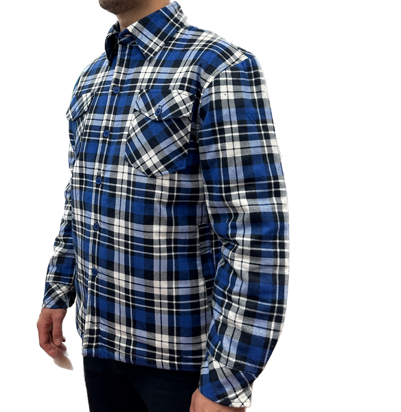 Mens QUILTED FLANNELETTE SHIRT 100% COTTON Flannel Jacket Padded Long Sleeve - Black/Navy/White (Quilted) - S Tristar Online