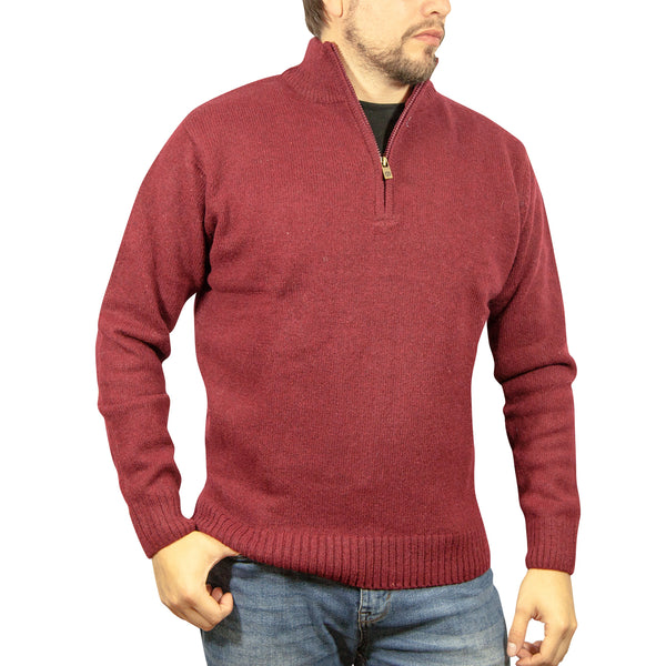 100% SHETLAND WOOL Half Zip Up Knit JUMPER Pullover Mens Sweater Knitted - Burgundy (97) - L Tristar Online