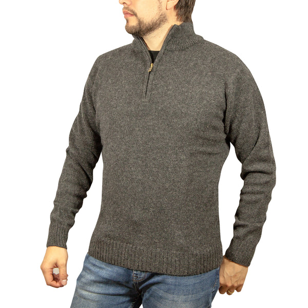 100% SHETLAND WOOL Half Zip Up Knit JUMPER Pullover Mens Sweater Knitted - Charcoal (29) - S Tristar Online