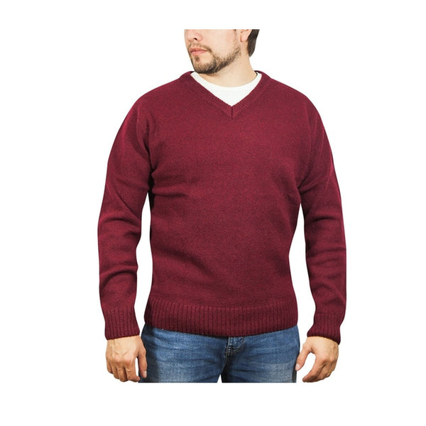 100% Shetland Wool V Neck Knit Jumper Pullover Mens Sweater Knitted - Burgundy (97) - XXL Tristar Online