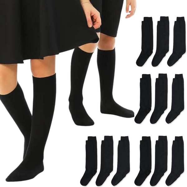 12x Pairs School Uniform Knee High Socks Cotton Rich Girls Boys Kids Bulk - Black - 6-11 (12+ Years Old) Tristar Online