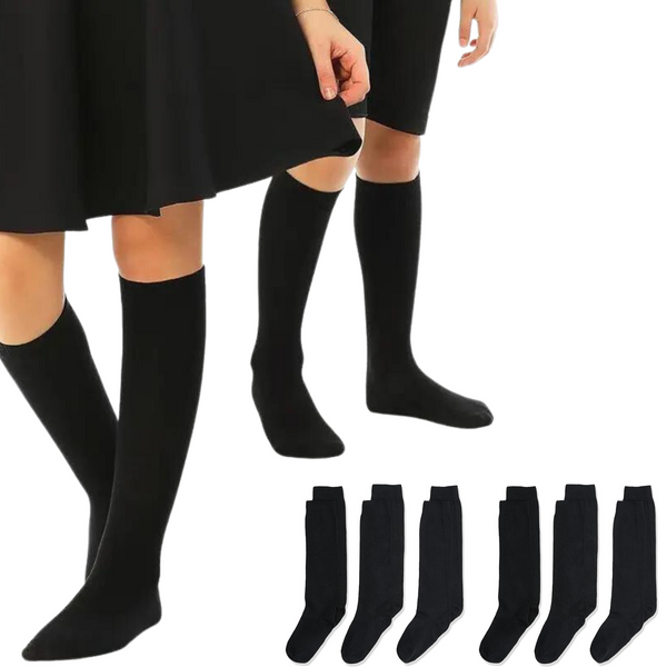 6x Pairs School Uniform Knee High Socks Cotton Rich Girls Boys Kids Bulk - Black - 13-3 (8-10 Years Old) Tristar Online