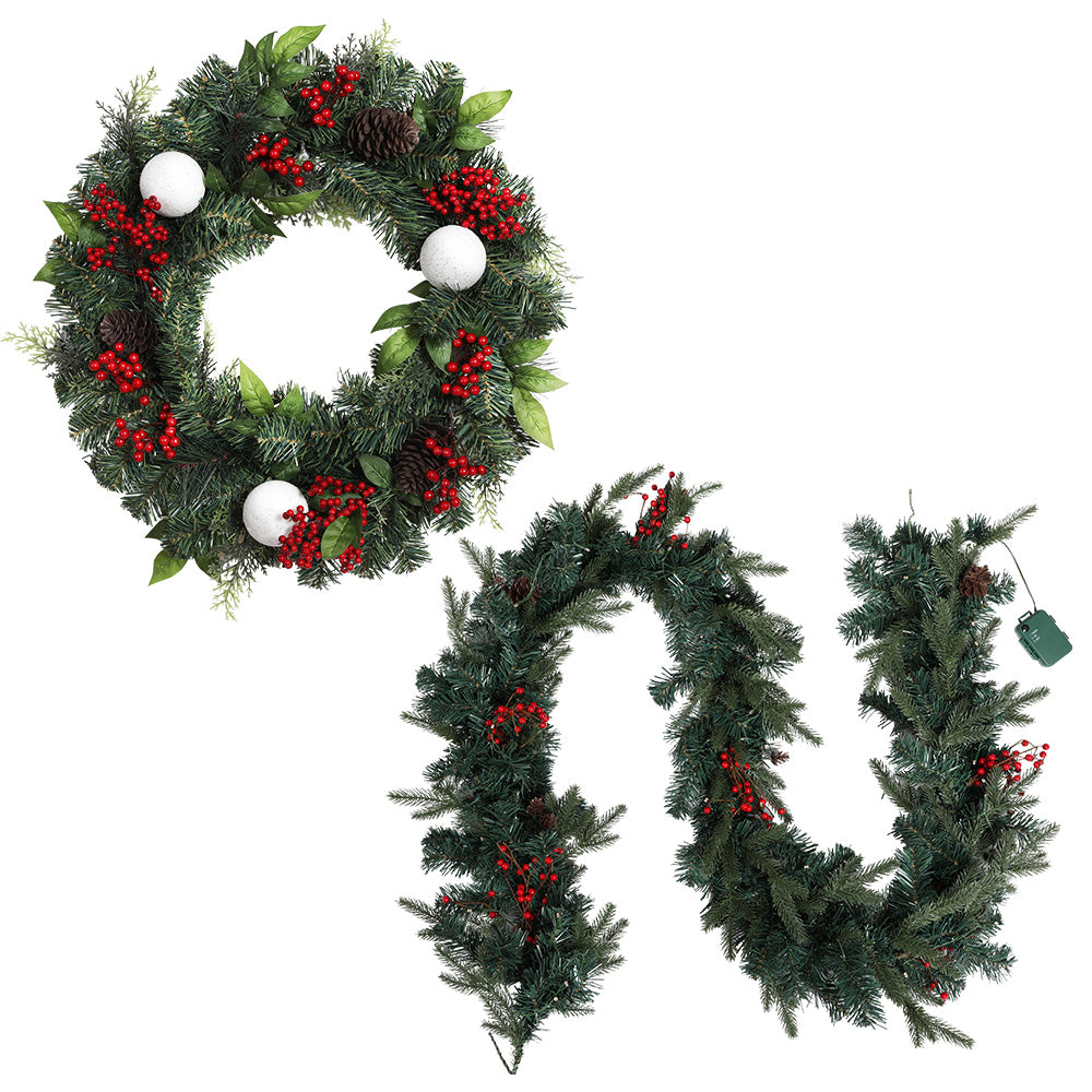 Jingle Jollys Christmas Garland with Wreath Set LED Lights Xmas Tree Decor Tristar Online