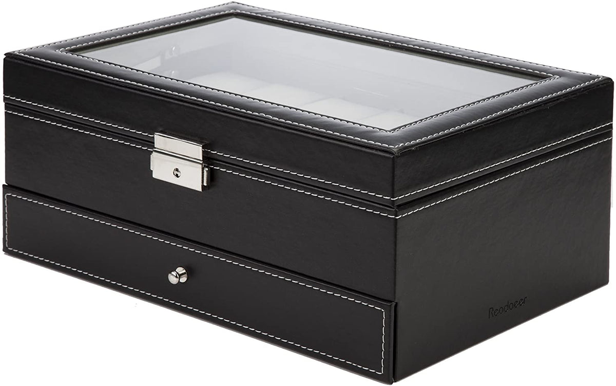 Black Leather Watch Box Jewelry Display Case with Drawers (12 Slots with 2 Layers) Tristar Online