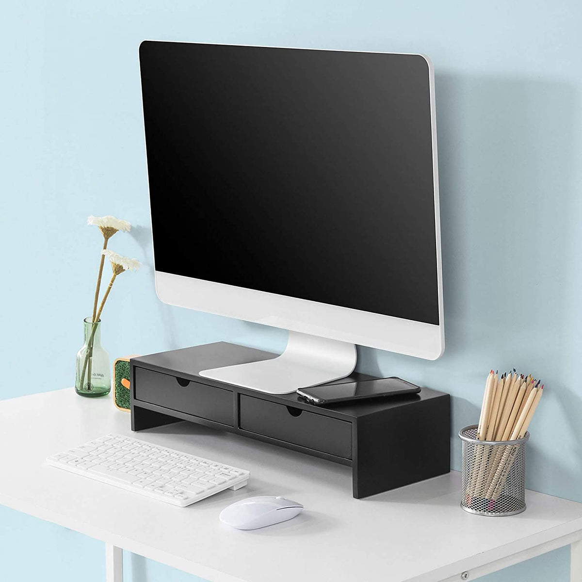 Black Monitor Stand Desk Organizer with 2 Drawers Tristar Online