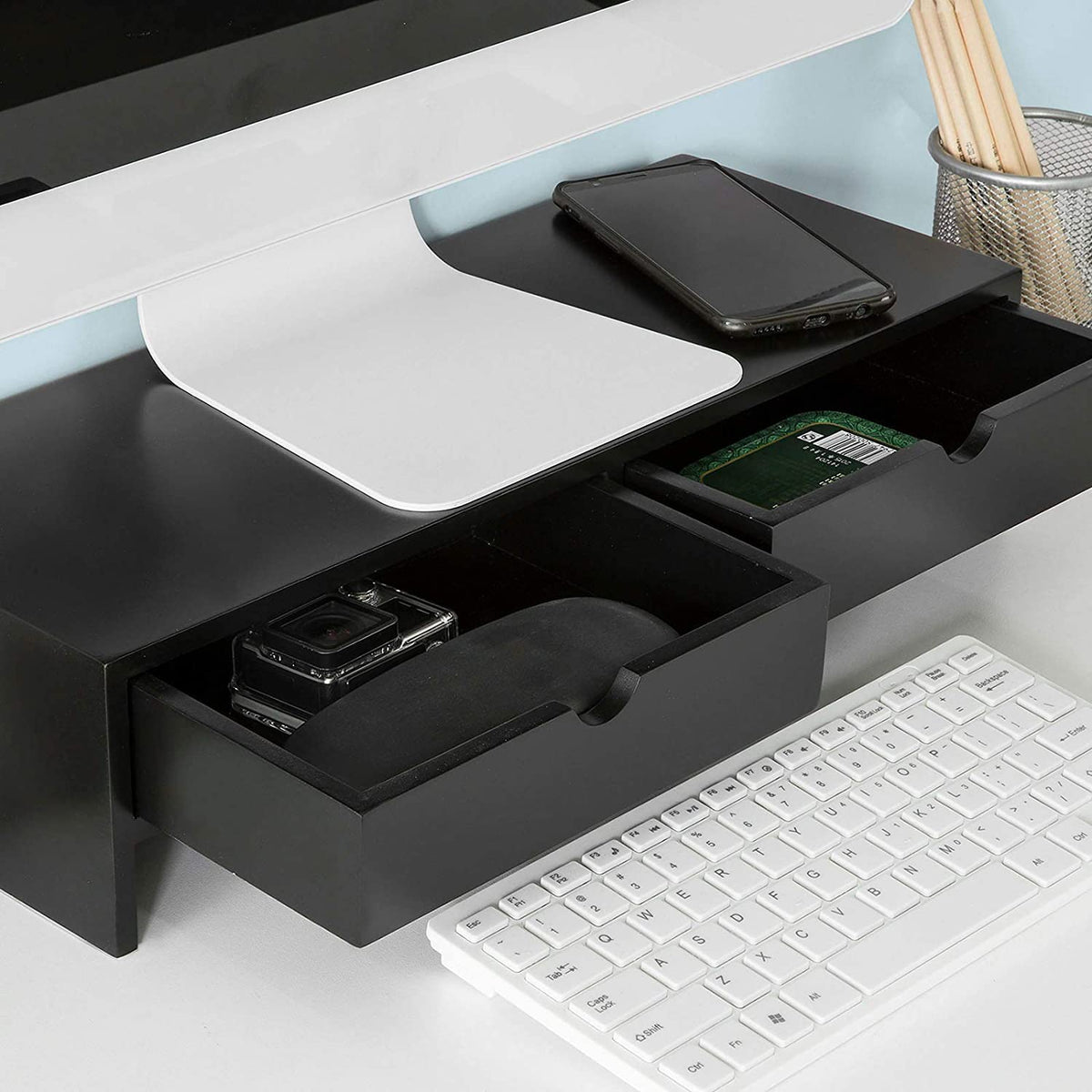 Black Monitor Stand Desk Organizer with 2 Drawers Tristar Online