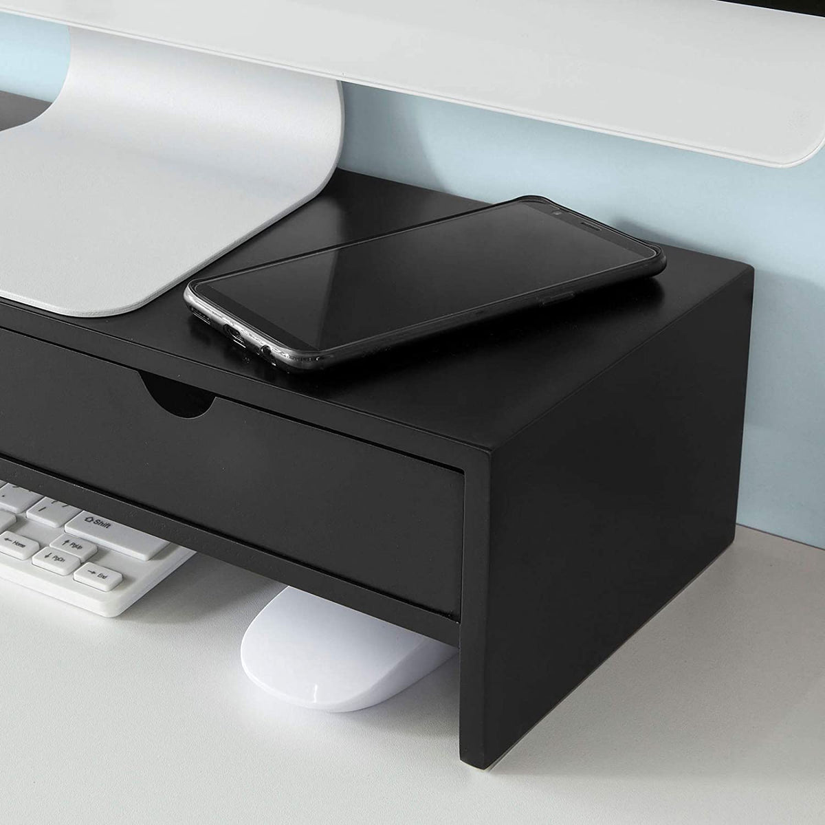 Black Monitor Stand Desk Organizer with 2 Drawers Tristar Online
