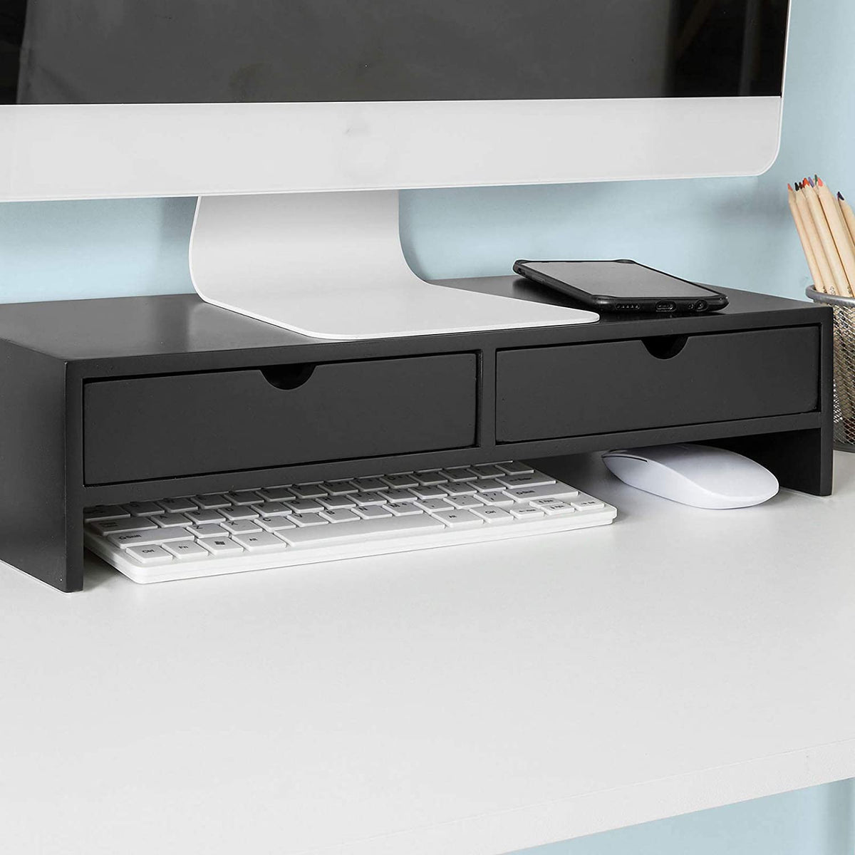 Black Monitor Stand Desk Organizer with 2 Drawers Tristar Online