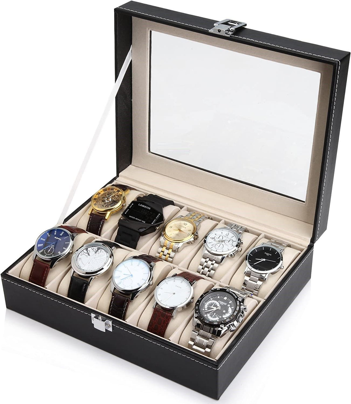Black PU Leather Watch Organizer Display Storage Box Cases for Men & Women (10 slots) Tristar Online