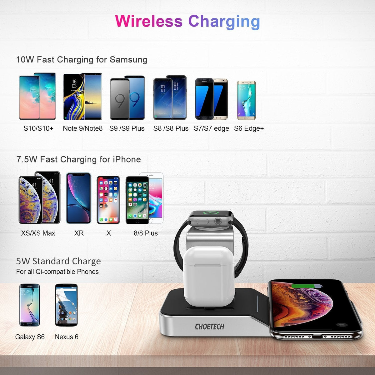 CHOETECH T316 4-in-1 Wireless Charging Station for iPhone/Apple Watch/iPod and all Qi Wireless Cell phones Tristar Online